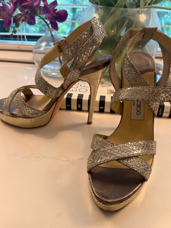 Jimmy Choo Shoes - Jimmy Choo Gold Glitter Crisscross Platform Stilettos